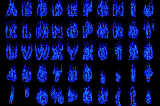 燃烧的蓝色字母和数字在黑色背景上形成了孤立的轮廓。渲染三维插图