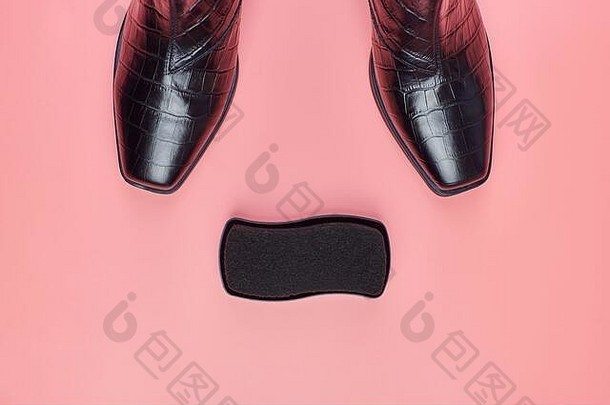女人鞋子波兰的海绵复制空间粉红色的背景鞋护理间隙出售概念