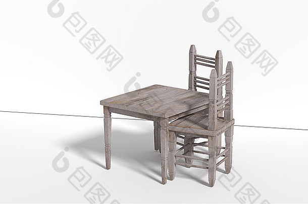 一张桌子和两把椅子在白色地板上投射阴影的3d渲染。