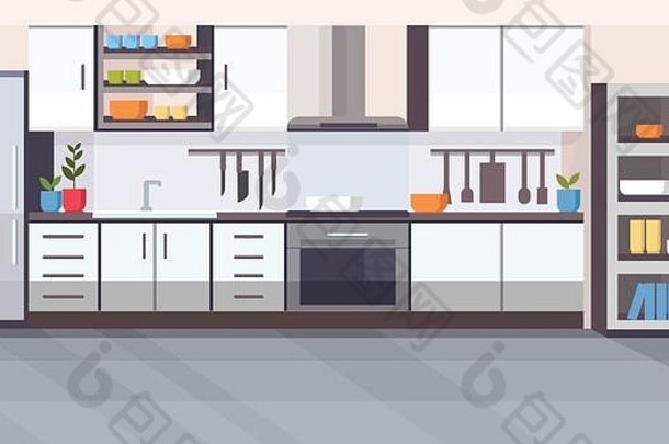 现代厨房室内设计空无一人的房间，配备现代家电，水平放置