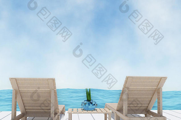 3D渲染海景度假海滩休息室