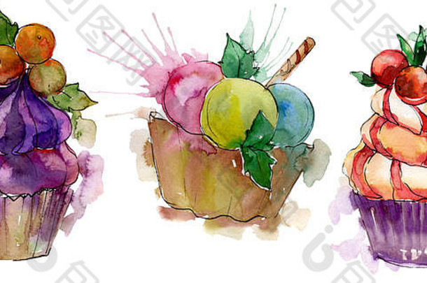 水彩画风格的美味蛋糕。Aquarelle甜点插图套装。独立甜点背景元素。