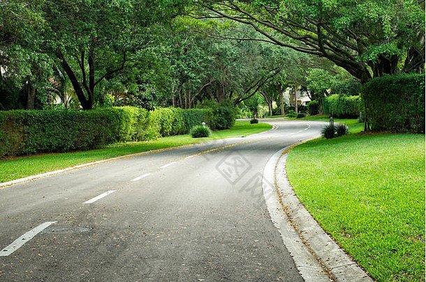 一条风景优美的道路在佛罗里达州那不勒斯的拐角处弯弯曲曲，沿途树木和树篱整洁、维护良好。