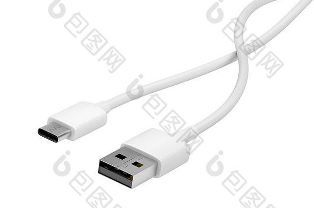 USB-A和USB-C电缆，在白色背景上隔离