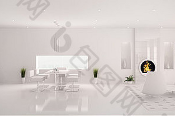 室内现代白色公寓生活房间厨房全景渲染