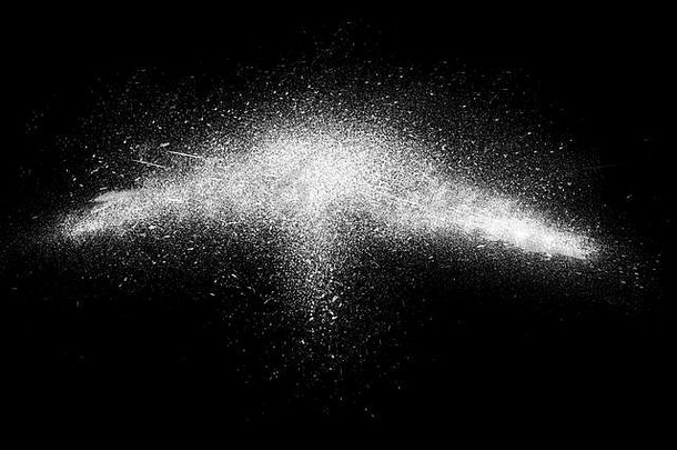冻结运动白色粉爆炸孤立的黑色的黑暗背景摘要设计白色灰尘云粒子爆炸屏幕储蓄者