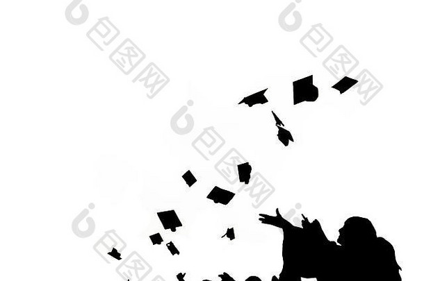 轮廓研究生学生扔一张张阴沉大学毕业成功仪式祝贺教育成功毕业仪式