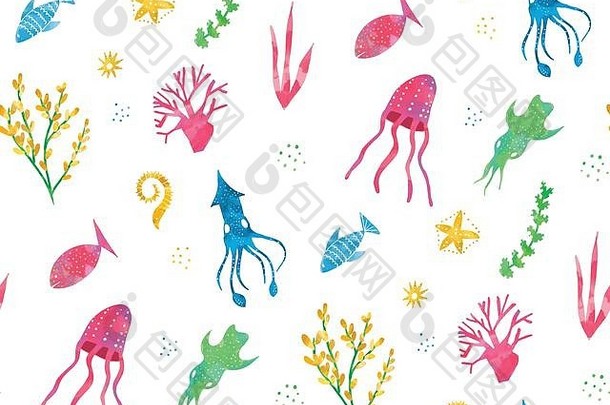 海洋生物无缝图案、海洋动物图案、海底图案