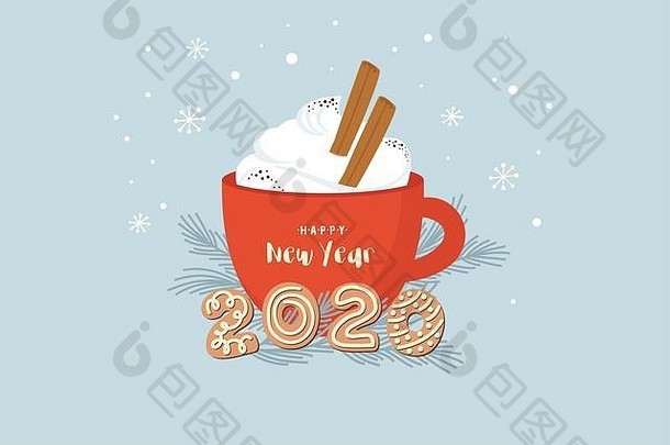 圣诞节问候卡冬天邀请红色的杯热喝可可咖啡装饰cinnamone棒姜饼饼干冷杉树