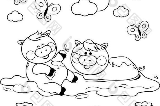 猪在泥坑里玩耍。黑白彩色书页