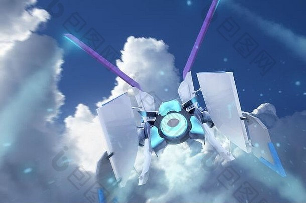 在日光云景背景第三人称视图上飞行的未来蓝色和白色科幻宇宙飞船飞机的插图。