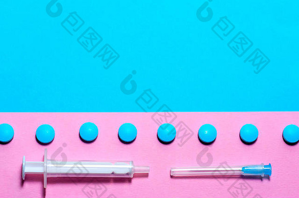 医疗的东西药片简约平躺复制空间纸背景蓝色的粉红色的