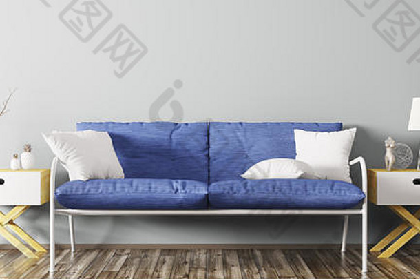 客厅内部有蓝色沙发和两个木制侧桌3d渲染
