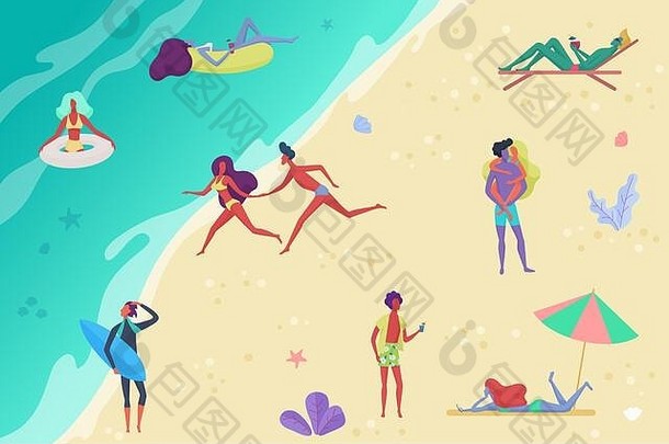 人们在海滩上放松和进行户外活动——日光浴、看书和聊天、跑步和散步、冲浪和在海中游泳或海洋俯视图