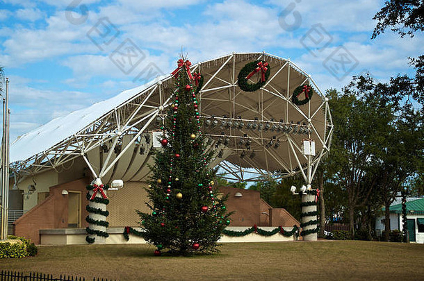 佛罗里达州博尼塔斯普林斯市中心音乐台前的公共公园中圣诞树的视图。