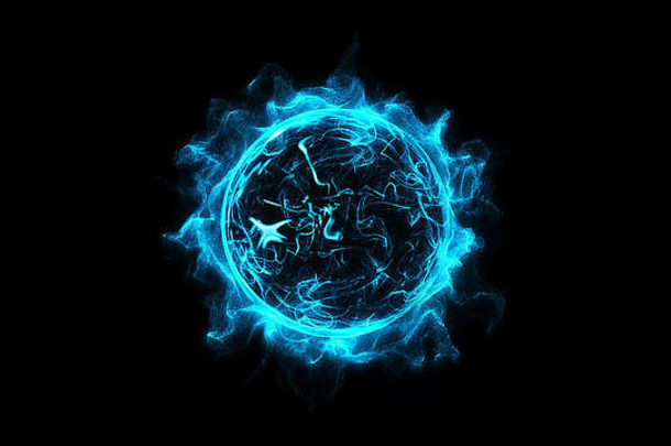 蓝色圆形发光的光环闪耀着强大的粉尘爆炸效果。在黑色背景上散射明亮的霓虹灯。星框星系和<strong>空间</strong>数字概念。