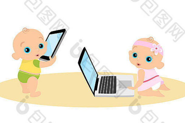 女孩男孩玩移动PC平板电脑