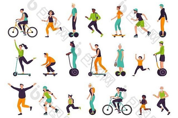 活跃的人。健康的生活方式、户外活动、跑步和慢跑。自行车骑行、滑板、轮滑