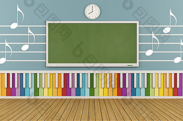 一所音乐学校的教室在墙上用彩色键盘和音符进行三维渲染