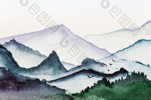 清晨的低山全景图，在白色纹理纸上用水彩颜料手工绘制