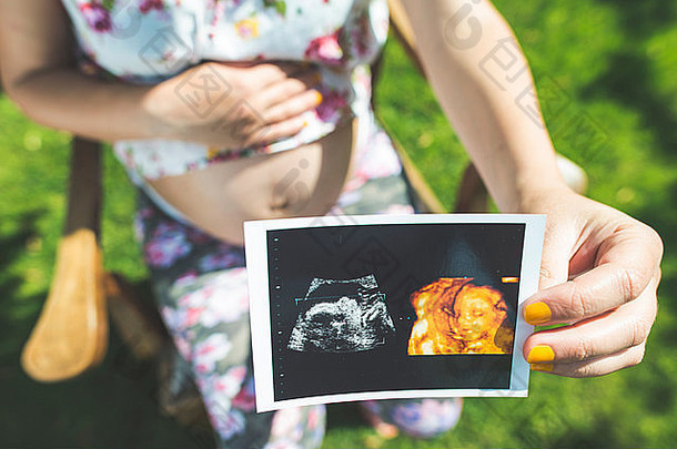 孕妇拿着子宫的照片。花园里的日光