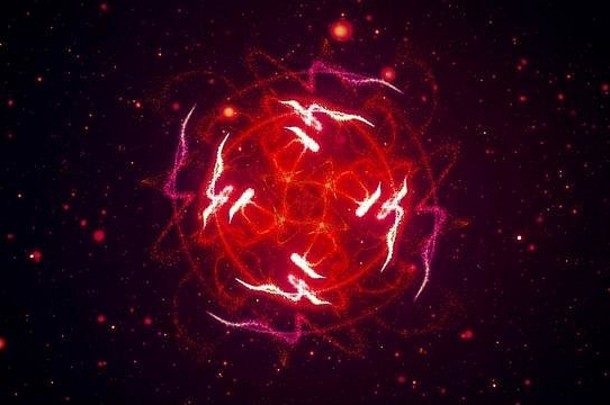 抽象发光粒子花圆形图案3D插图。充满活力的焰火——对称的发光图案在波浪中流动。彩色运动gr