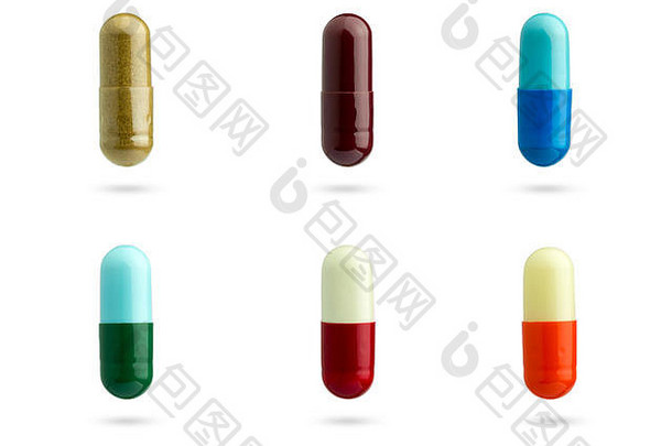 白色背景上的多色胶囊药物特写集。适用于医疗或健康用品。
