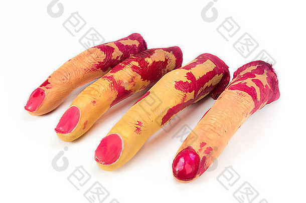 假4个手指被切割，包括白色背景上的血迹。万圣节季节的手指。