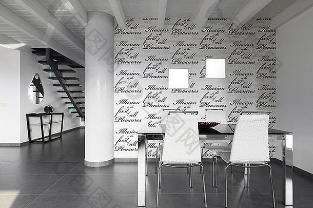 餐厅表格椅子现代餐厅房间墙纸黑色的白色