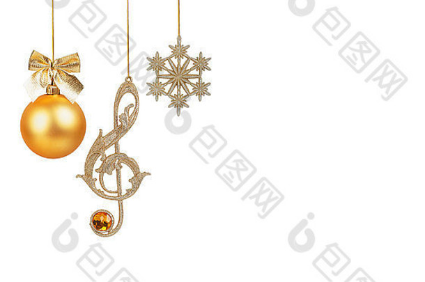 金色高音谱号、雪花和圣诞球在白色背景上分离