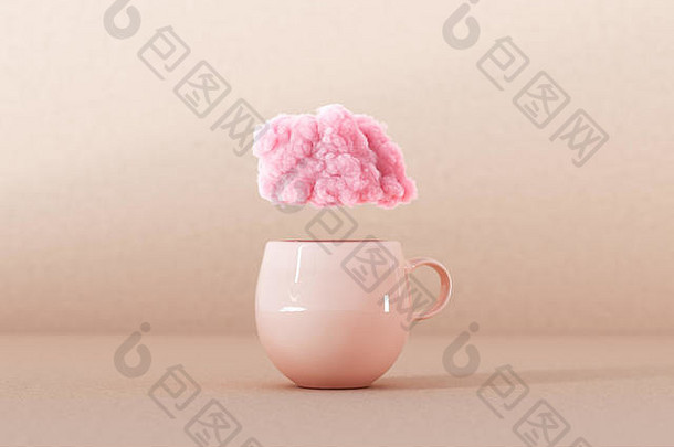 带粉色云3D渲染的杯子