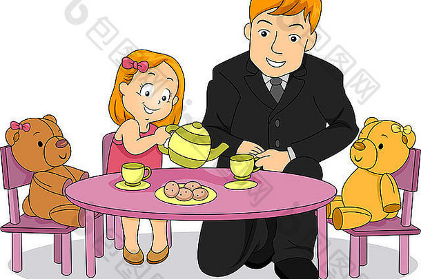 插图孩子女孩玩茶聚会，派对父亲