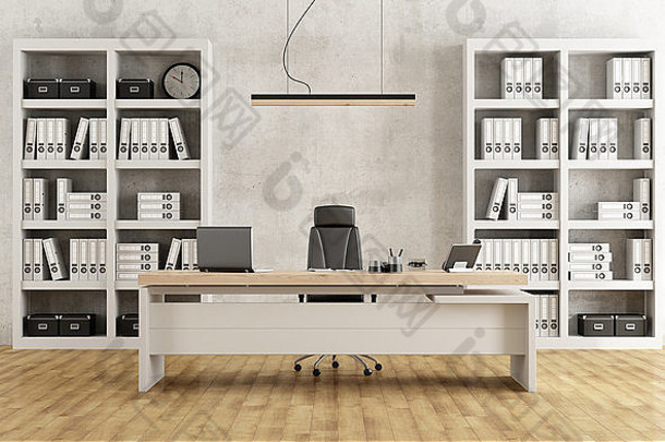 黑白简约办公室，带书桌和书架-3D渲染