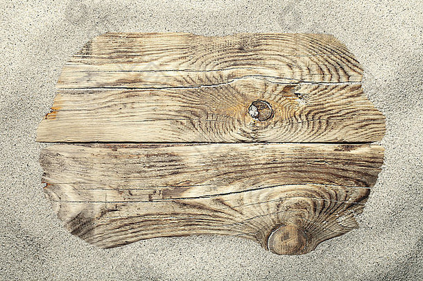 木板上的砂框。夏季概念与空间。俯视图