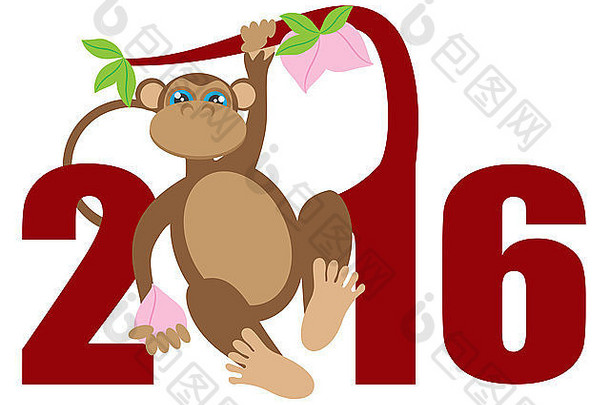 2016年中国农历新年猴子在树枝上的数字隔离在白色背景色插图上