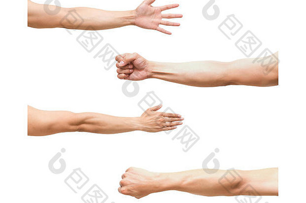 在白色背景上的拳头动作中手臂的4张图片的总和，包括剪辑路径