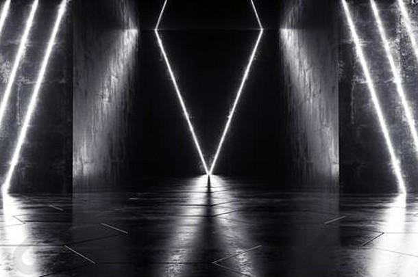 深色霓虹灯背景科幻现代未来派格伦格混凝土房间垂直白色发光灯管激光器文本和反射的空白空间3D R