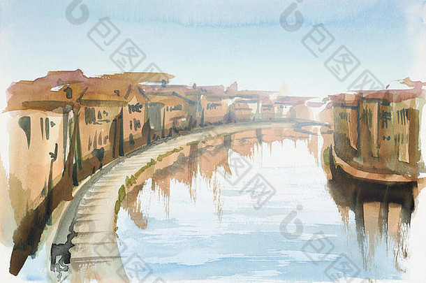 水彩绘画显示小镇托斯卡纳夏天时间