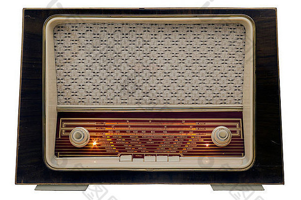 古老的收音机，50年代，在白色背景上隔离