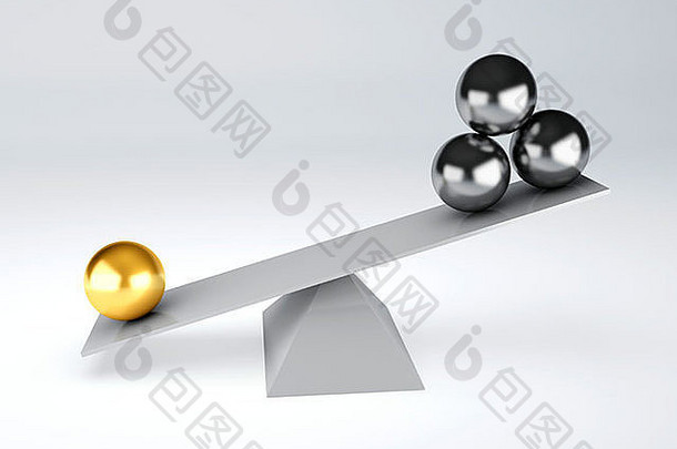 图像黄金金属球体白色跷跷板平衡概念插图