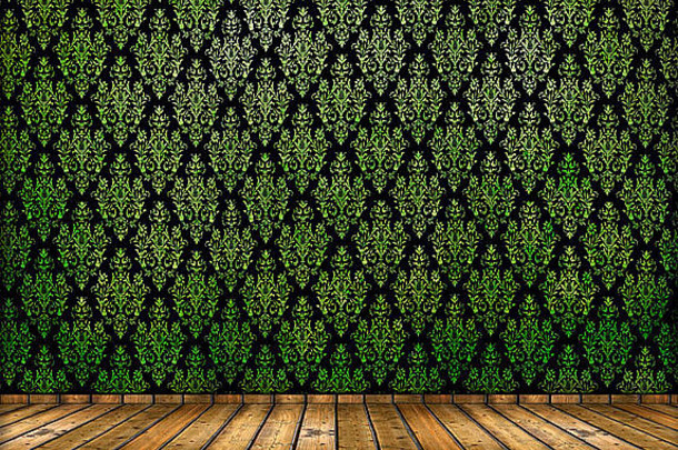 绿色复古壁纸和木质地板的垃圾房内部