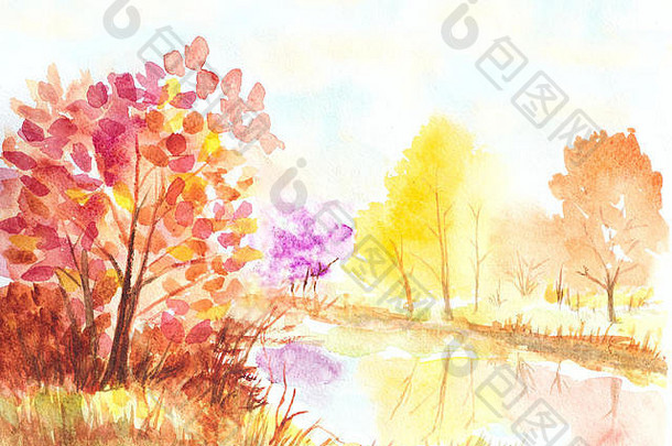 秋天树湖水彩色彩斑斓的插图
