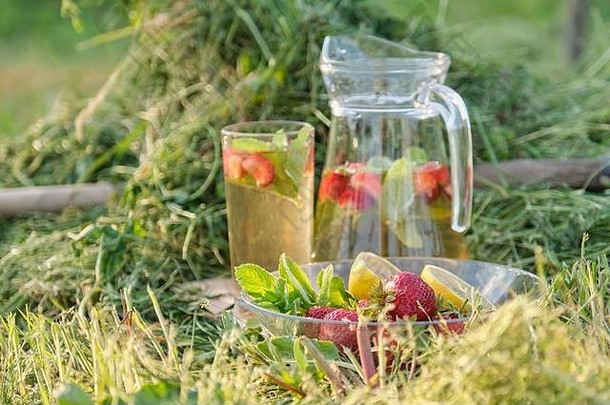 <strong>夏日清新</strong>的天然<strong>饮</strong>料，一壶一杯草上有草莓薄荷柠檬的花草茶，自然花园背景，健康的李
