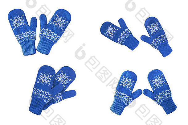 一双蓝色针织连指手套，上面有圣诞节图案