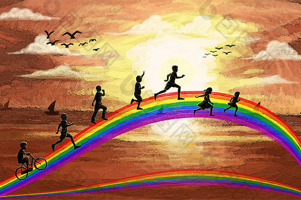 孩子们在彩虹上奔跑的插图代表着乐趣