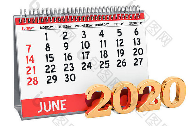 2020年6月桌面日历，在白色背景上隔离3D渲染