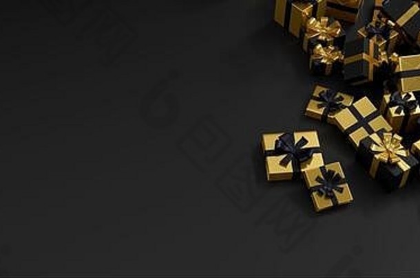 圣诞节背景圣诞节礼物金黑色的礼物盒子包装黄金黑色的丝带全景大横幅复制空间