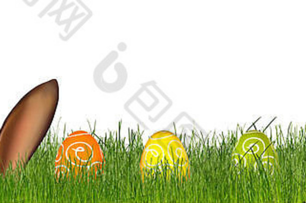 复活节兔子耳朵草地色彩斑斓的装饰画鸡蛋孤立的全景背景