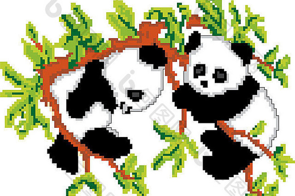 基于像素艺术的熊猫树上休息