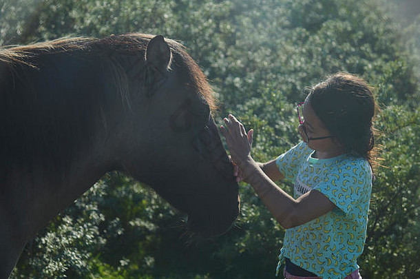 夏日阳光明媚，可爱的亚洲女孩站在野马环绕的田野里，抚摸着马头